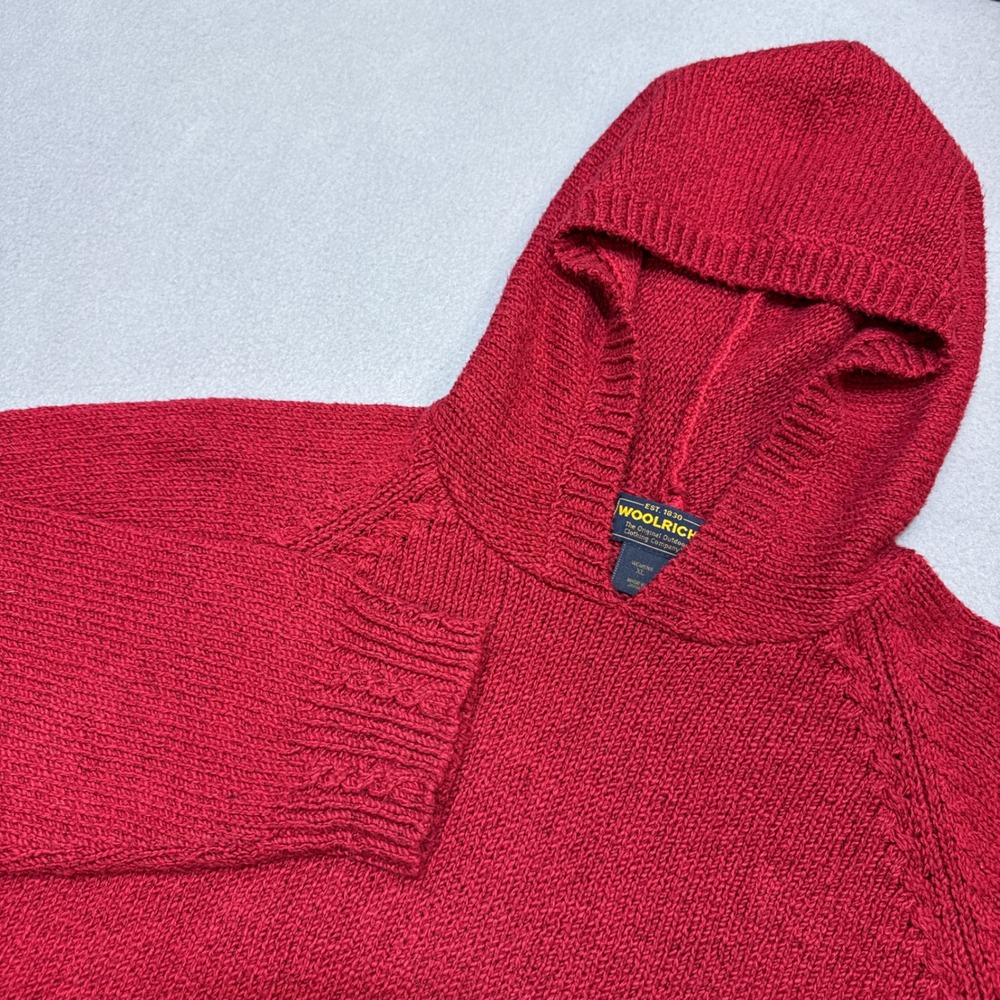 WOOLRICH Vintage Hooded Sweater Women XL Ruby Red Intarsia Moose Kangaroo Pocket
